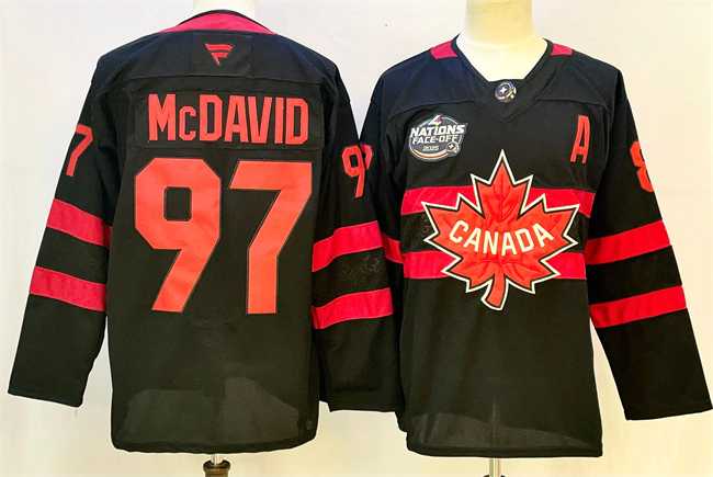 Men%27s Canada #97 Connor McDavid Black 2025 4 Nations Face-Off Premium With A Patch Stitched Jersey